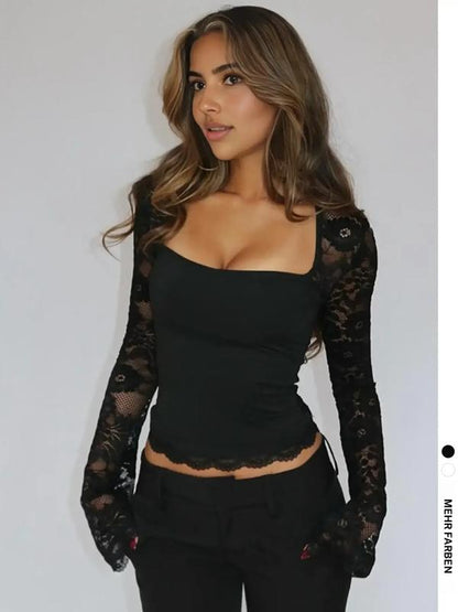 👚 60% RABATT! 🌸 Einfarbiges Damen-T-Shirt – Spitzenblumenmuster, Gesplittete Rüschen & Transparente Ärmel für Romantischen Look ✨