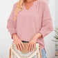 💥Letzter Tag Sonderangebot 49% Rabatt👚Damen 3/4 Laterne Ärmel Casual V-Ausschnitt T-Shirts plizierte lose Hohlbluse
