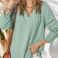 💥Letzter Tag Sonderangebot 49% Rabatt👚Damen 3/4 Laterne Ärmel Casual V-Ausschnitt T-Shirts plizierte lose Hohlbluse