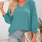 💥Letzter Tag Sonderangebot 49% Rabatt👚Damen 3/4 Laterne Ärmel Casual V-Ausschnitt T-Shirts plizierte lose Hohlbluse