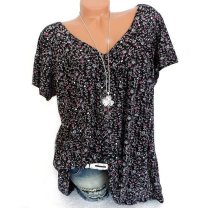 🌞Frühlingserwachen: 50% Rabatt!🌸Damen Kurzarmbluse mit Frühlingsblumenprint: V-Ausschnitt & lockere Passform – Atmungsaktiv, knitterfrei & figurschmeichelnd für Frühling & Sommer