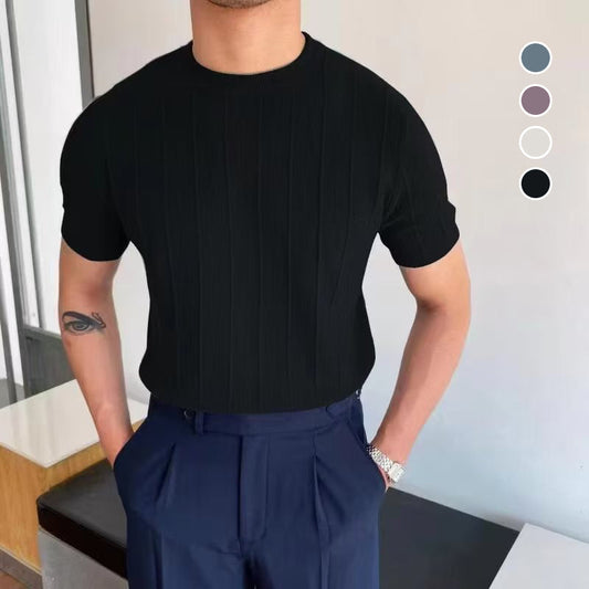 Männer-Strickpullover mit Rundhals, kurzen Ärmeln und Twist-Muster