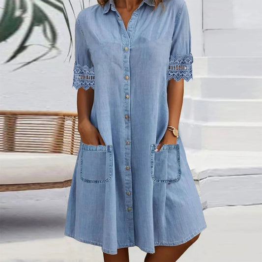 🎁Zeitlich begrenztes Angebot⏳Blaues, schlichtes Minikleid aus Denim mit Kragen und Spitzenbesatz