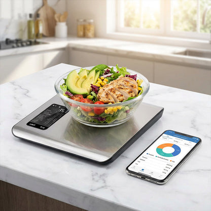 ⚖️📊 Küchenwaage digital – misst 19 Nährwerte & Kalorien per App, 5kg Edelstahl 🥗✅ für gesunde Ernährung & Gewichtsverlust