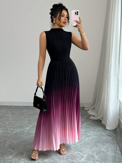 Ombré-Faltenärmelloses Stehkragen-Maxikleid ❤️