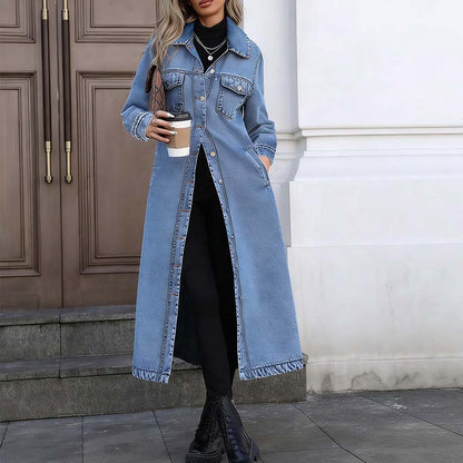 📢📢49 % Rabatt!! ⏰👖【Lange Jeansjacke】—— Zugeknöpft für Eleganz, aufgeknöpft für Flair – ein Kleidungsstück, mit dem Sie den Stil im Frühling und Herbst meistern!🤠💙✨