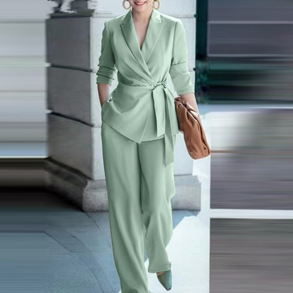 ✨🔥Eleganter Damen Hosenanzug: Blazer mit Bindegürtel und Hose mit weitem Bein💞