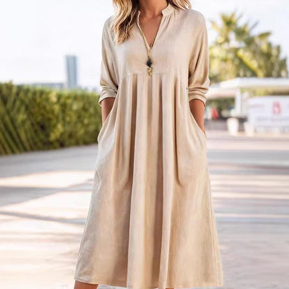 🔥Solange der Vorrat reicht 40 % Rabatt!🎉Damen Freizeit V-Ausschnitt Midi Kleid mit Taschen💞