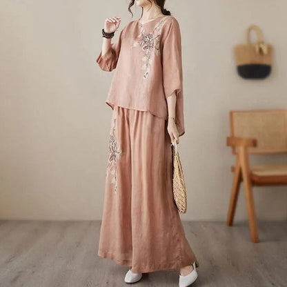 🌸 Vintage-Stickerei Set – Atmungsaktives Baumwoll-Leinen, 3/4-Ärmel & Weite Hose Für Einen Eleganten Look 💃