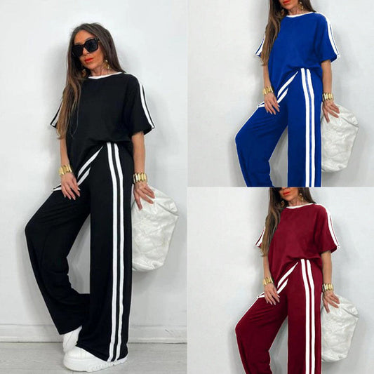 Set aus gestreiftem Oberteil und Hose mit weitem Bein für Damen