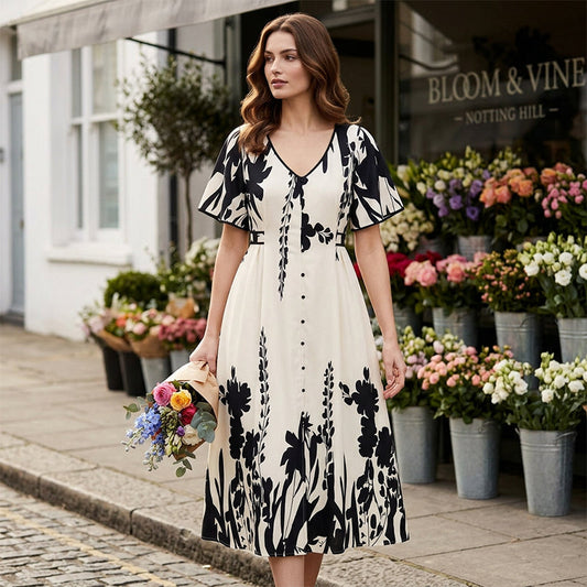 💖Elegantes botanisch bedrucktes V-Ausschnitt-Midikleid