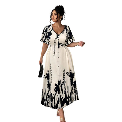 💖Elegantes botanisch bedrucktes V-Ausschnitt-Midikleid