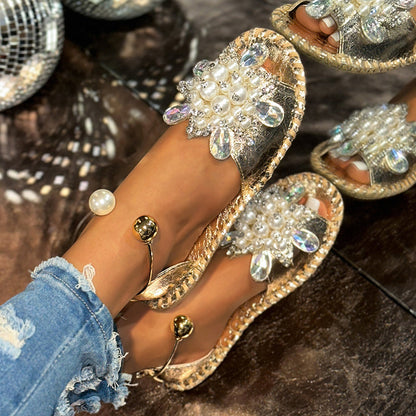 🎁Neu eingetroffen – 50 % Rabatt💥 Flache Sandalen mit Kunstperlen und Kristallverzierungen