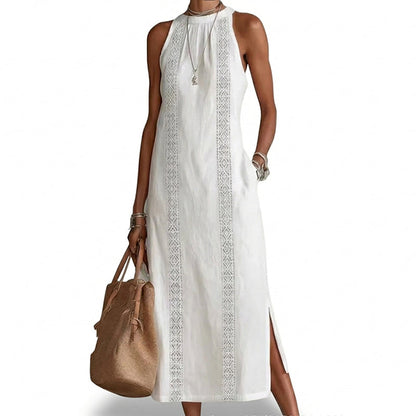 👗 50 % RABATT AKTUELL! ✨ Lässiges Leinen-Optik Kleid – Trägerlos mit Spitze, Seitenschlitze, elegant für Stadt & Café 🌿