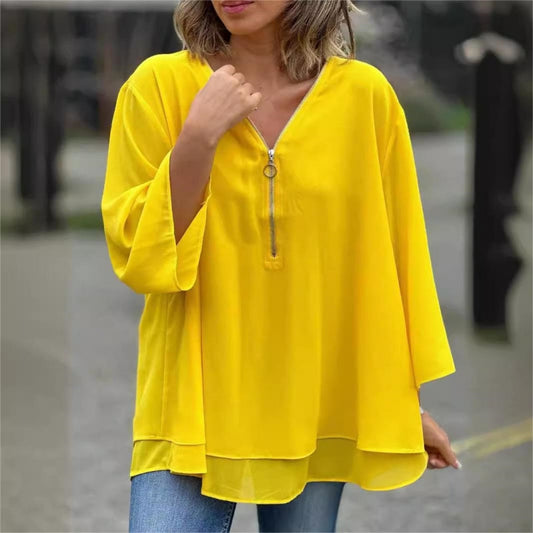 👚 50% RABATT! ✨ Doppelschichtige Weiche Oberteile mit V-Ausschnitt-Reißverschluss & 3/4-Ärmeln – Elegant, Bequem & Perfekt Für Den Alltag 🌸
