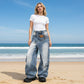 👖✨ 50% RABATT! Damen Jeans mit asymmetrischem Bund und weitem Bein – lässiger Oversize-Look mit Statement-Detail