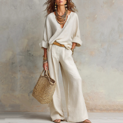 2-teiliges Set aus Damen-Top mit V-Ausschnitt und Hose mit weitem Bein