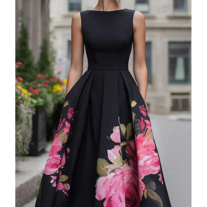 Elegantes, ärmelloses Midikleid in A-Linie mit Blumenmuster