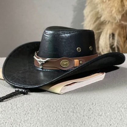 🤠 NUR FÜR BEGRENZTE ZEIT 50% RABATT! ✨ Vintage-Cowboyhut mit breiter Krempe & Riemen – PU, Einheitsgröße, Verstellbar ☀️