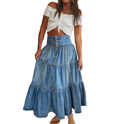 💙 50% RABATT+Versandkostenfrei! 👗 Damen Hochbund Stufenrock A-Linie Denim Maxirock – Figurumschmeichelnd, müheloser Chic & perfekt für jeden Tag 🌿