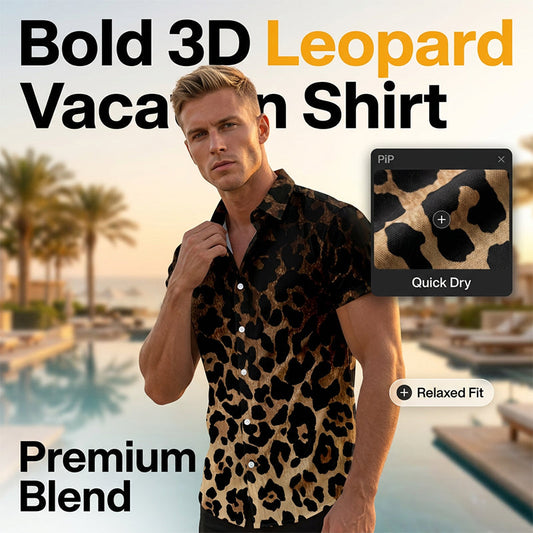 ✨Sommer-Sonderangebot 50% RABATT!❤️‍🔥Herren Kurzarmhemd Leopardenmuster Knopfleiste Schwarz Polyester Sommershirt