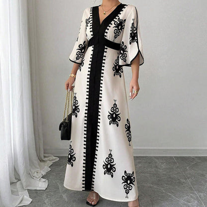 👗⏰ NUR NOCH HEUTE: 50% RABATT+Versandkostenfrei! Elegantes Damen Maxikleid mit V-Ausschnitt & Retro-Print – Fließender Stoff, Glockenärmel & kontrastierende schwarze Besätze – Perfekt für Urlaub, Picknick & Abendausflüge ✨