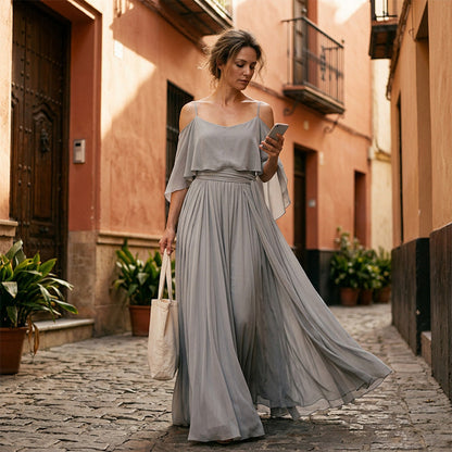 👗 50% RABATT! 🌙 Fließendes ärmelloses Kleid mit einseitigem Ausschnitt – Minimalistisches Design & weiter Rock – Edler Look, ideal für besondere Anlässe oder den eleganten Alltag – leicht, luftig & stilvoll ✨🌸