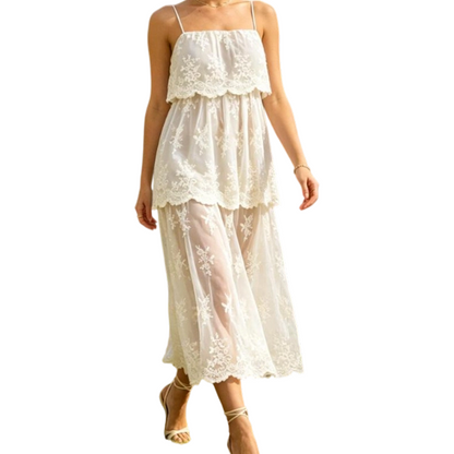 👗 50% RABATT! ✨ Elegantes Weißes Spitzen-Maxikleid mit Spaghettiträgern – Blumenspitze, Rüschensilhouette & Atmungsaktiver Stoff – Perfekt für Hochzeiten und Sommerabende 🌸💍
