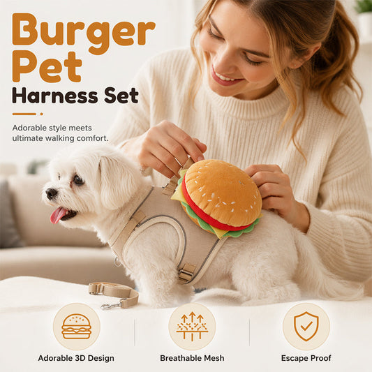 Niedliches Hamburger-Haustier-Geschirr und Leinenset mit Mini-Rucksack