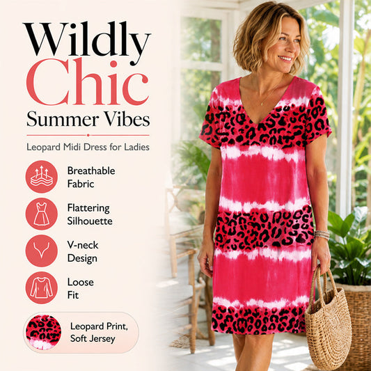 🏖️ Sommer-Sale 50% RABATT 🏝️🐆Damen Leoprint Midi-Kleid mit V-Ausschnitt👗✨